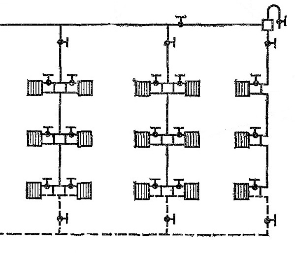 Схема однотрубной системы отопления в многоквартирном доме. Схема вертикальной однотрубной системы отопления с нижней разводкой. Балансировочный клапан в однотрубной системе отопления. Двухтрубная система отопления схема. Схема соединений двухтрубной системы отопления.